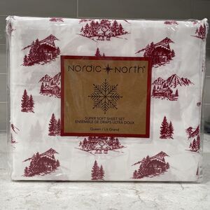 MOUNTAIN CABIN Reindeer Forest Queen Sheet Set Christmas Holiday Nordic North